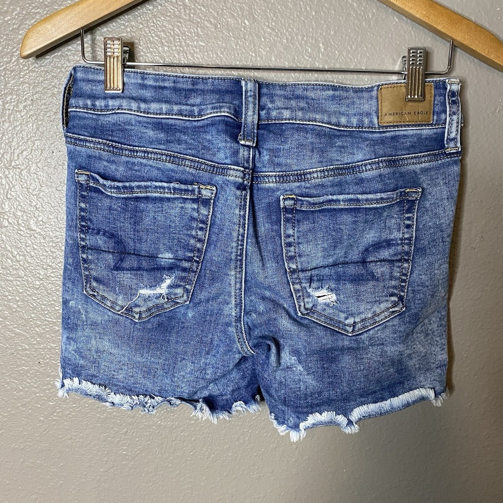 American Eagle Hi Rise Shortie Jean Shorts Next Level Stretch Distressed Size 4